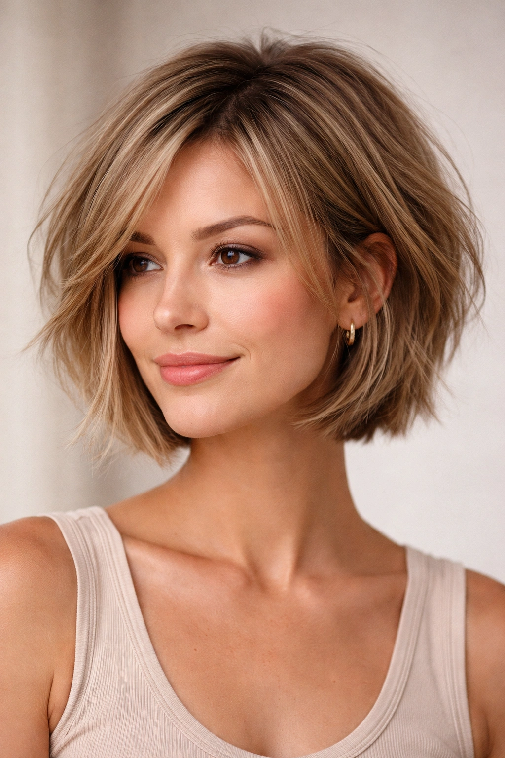 Close-up of a jaw-length textured bob with crown layers for fullness