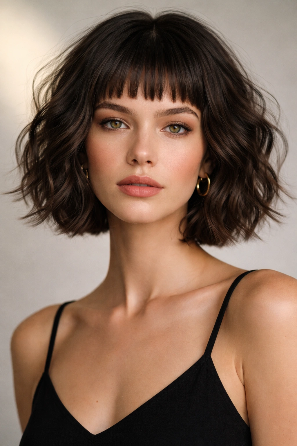 Textured wavy French bob with micro bangs and waves.