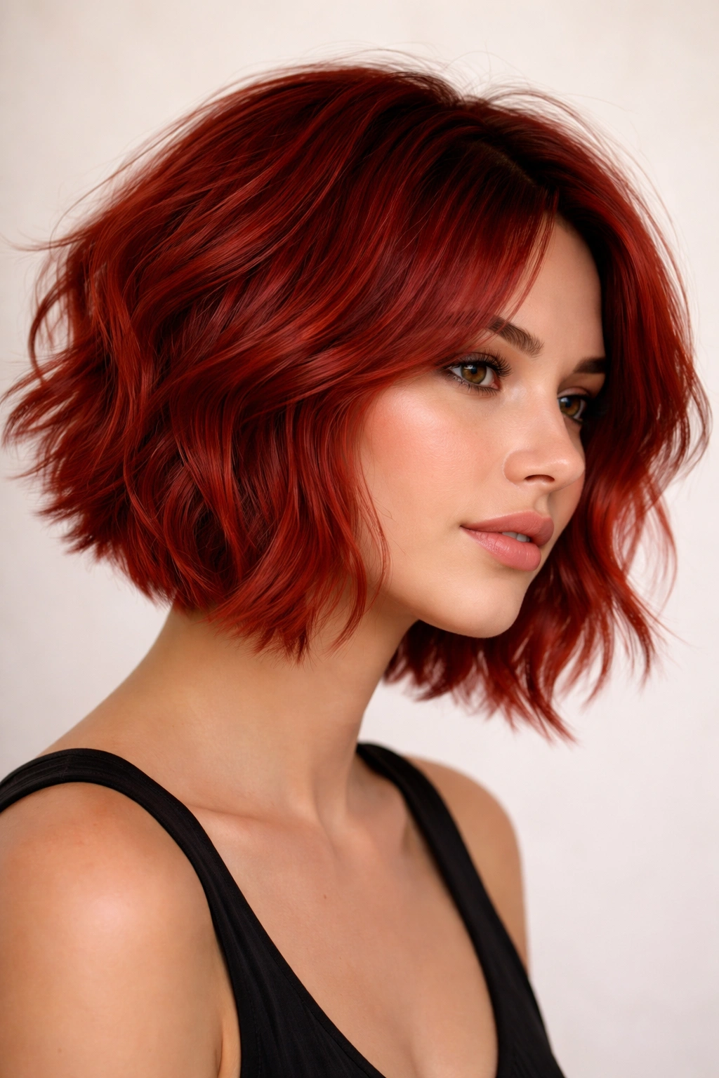 Bust-length textured bob in warm scarlet red with pronounced layers