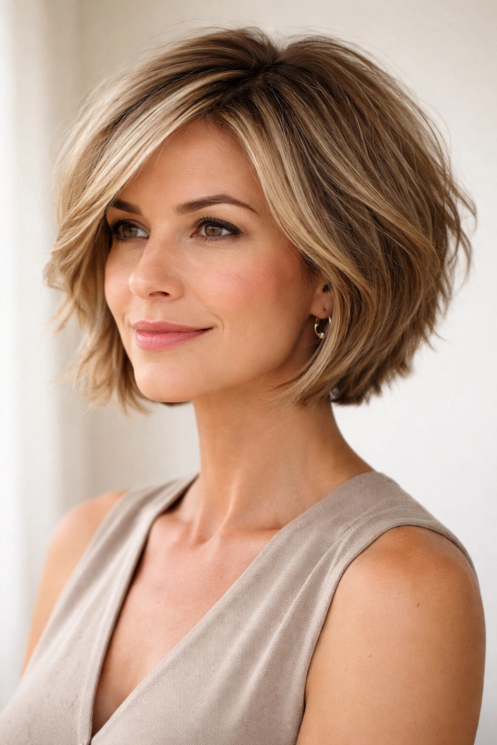 Close-up of chin-length textured bob with crown layers, photographed in a clean studio.