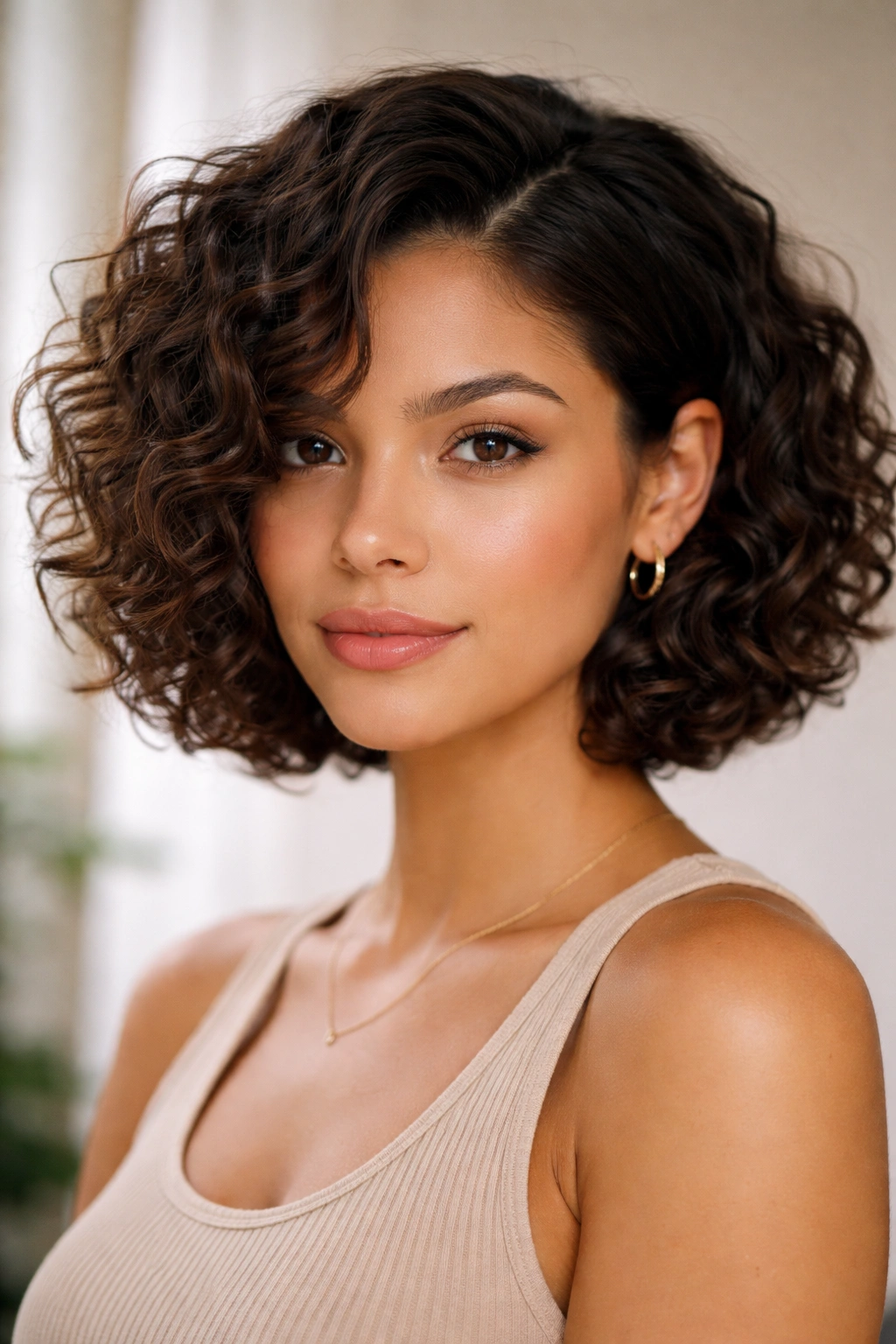 Textured curly bob with a side part and defined curls