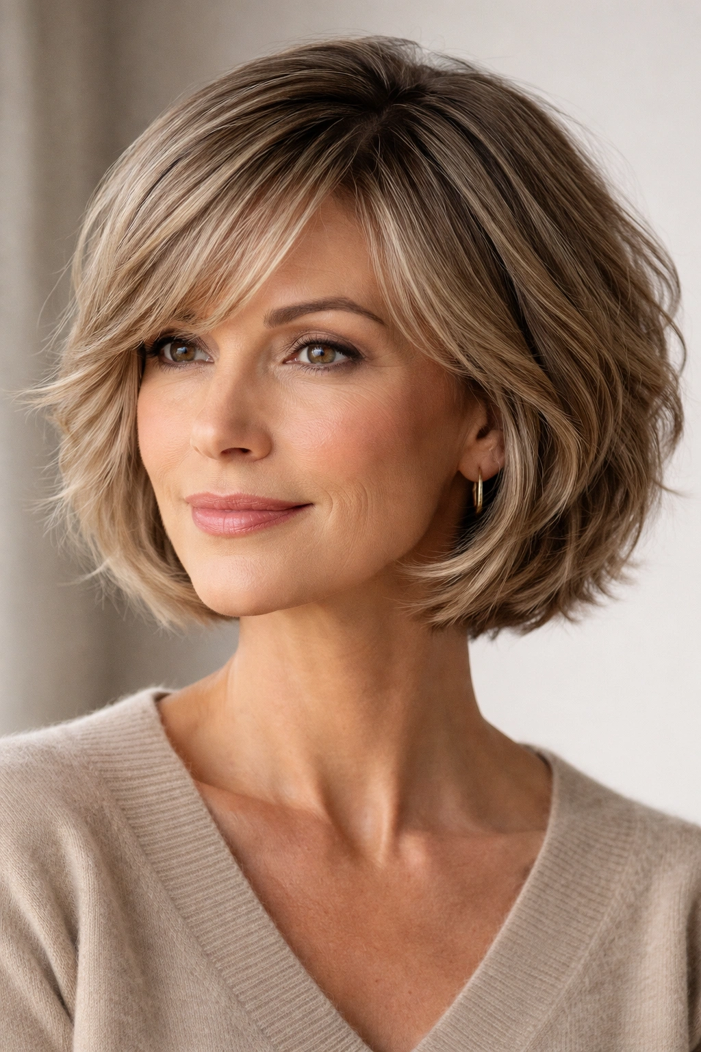 Close-up of a textured chin-length bob with side-swept bangs showing layered movement
