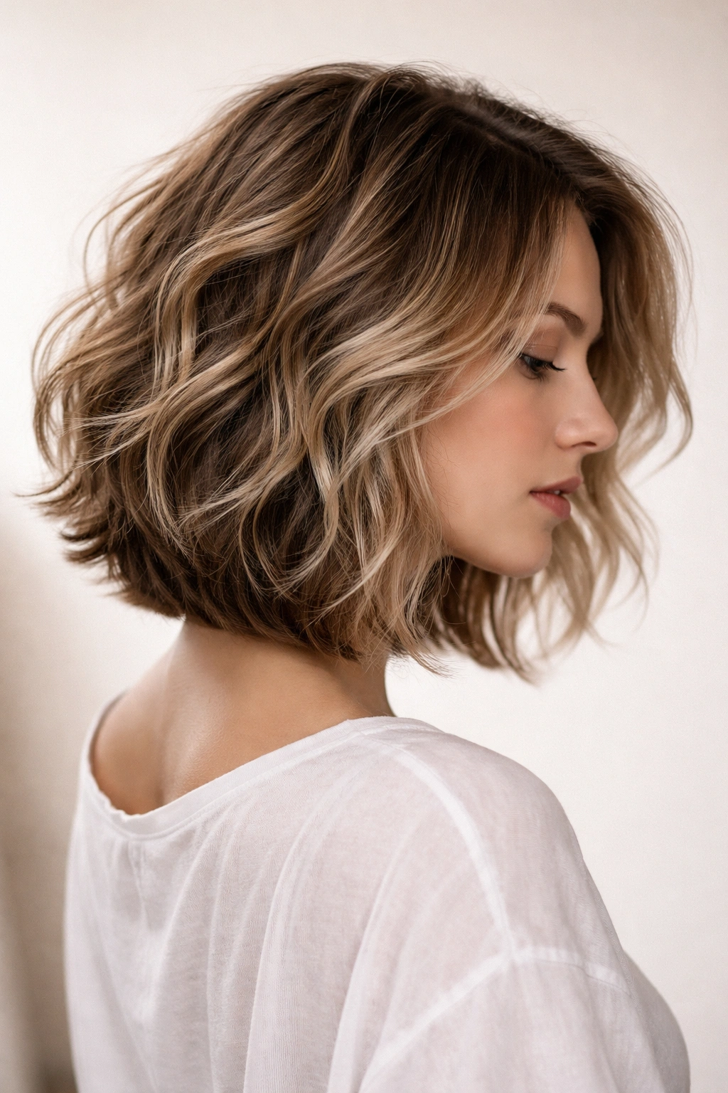 Portrait of a person with a textured bob showing a longer underlayer beneath shorter top layers