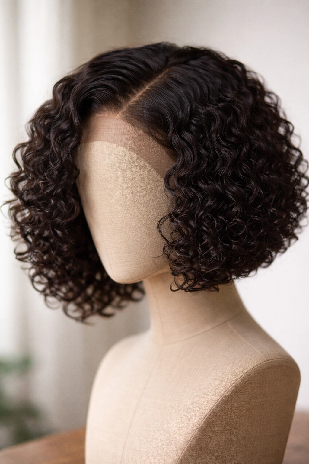 Chin-length textured bob lace-front wig with defined curls on a headform
