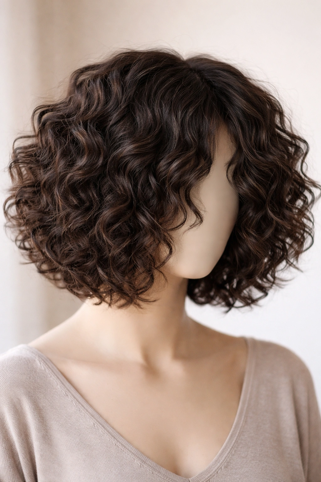 Close-up of a textured curly bob wig showing natural layers and shine