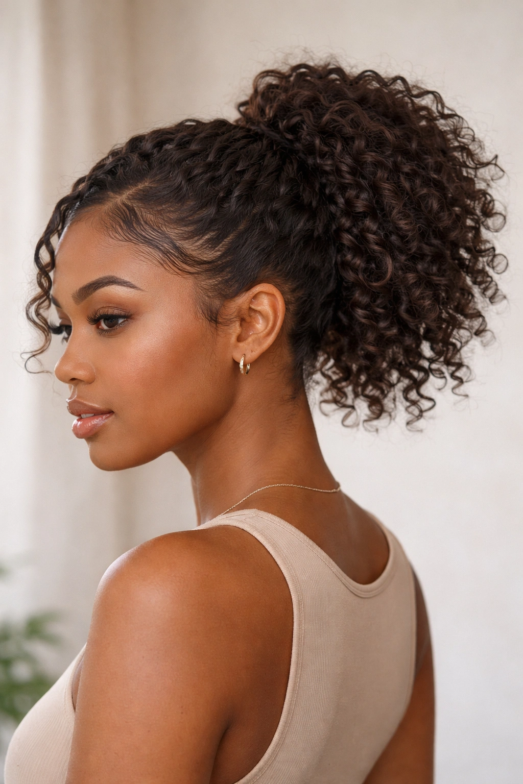 Textured braid-out ponytail with voluminous, tousled curls.