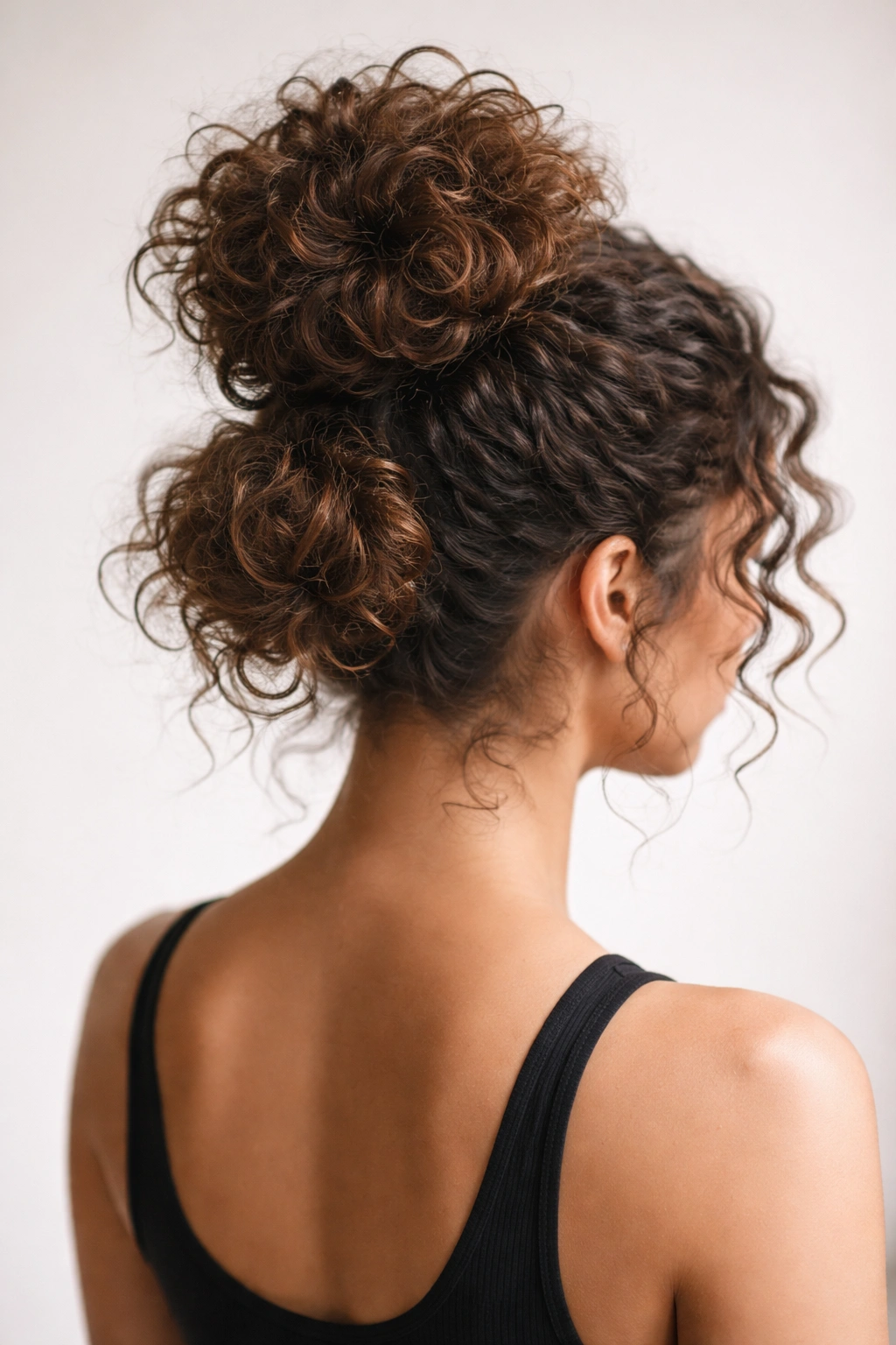 Textured coil bubble bun on curly hair viewed from back showing vertical bubbles
