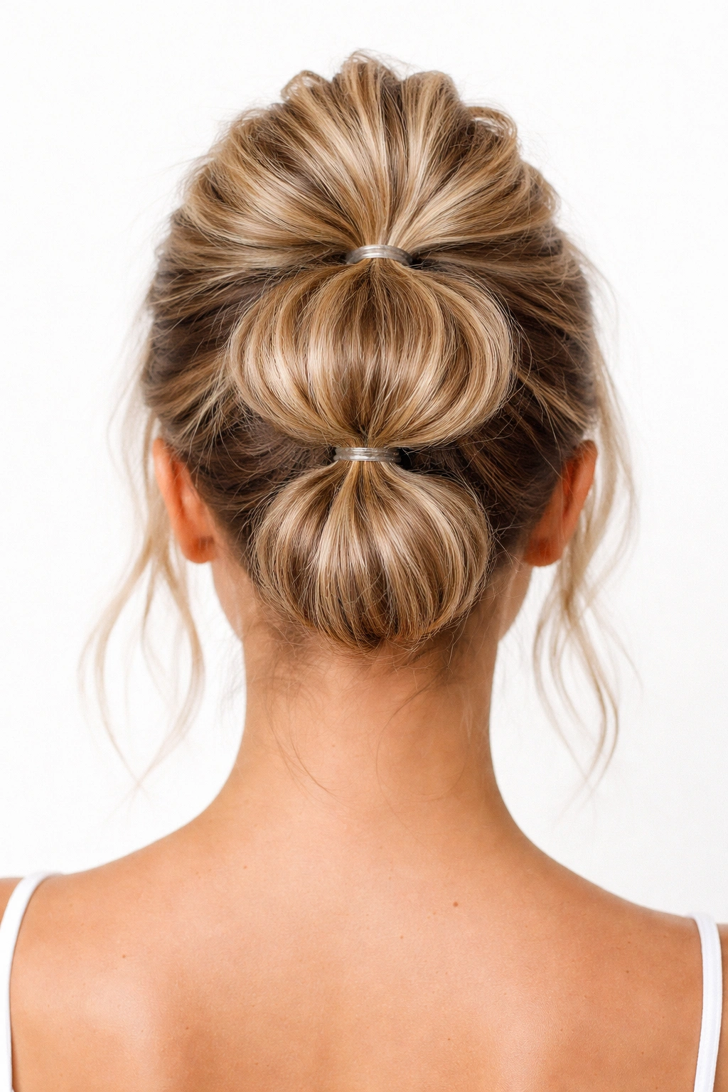 High ponytail with stacked bubbles forming a textured bun against a white background