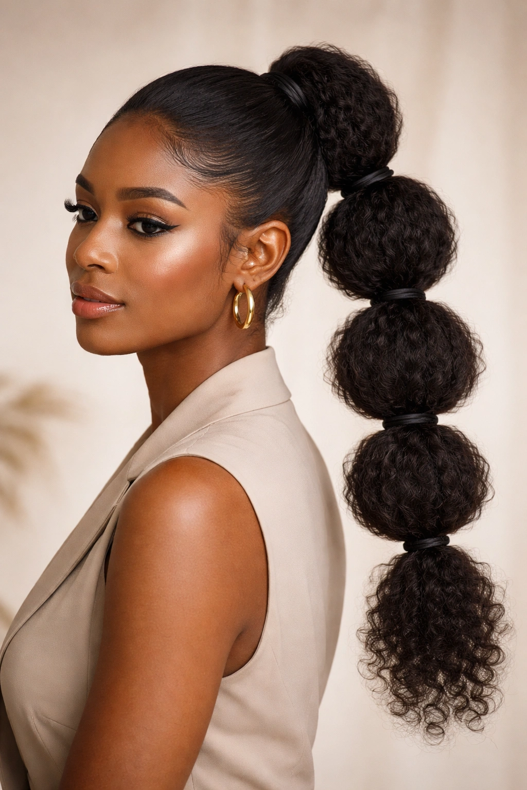 Textured bubble ponytail with elastic segments along length