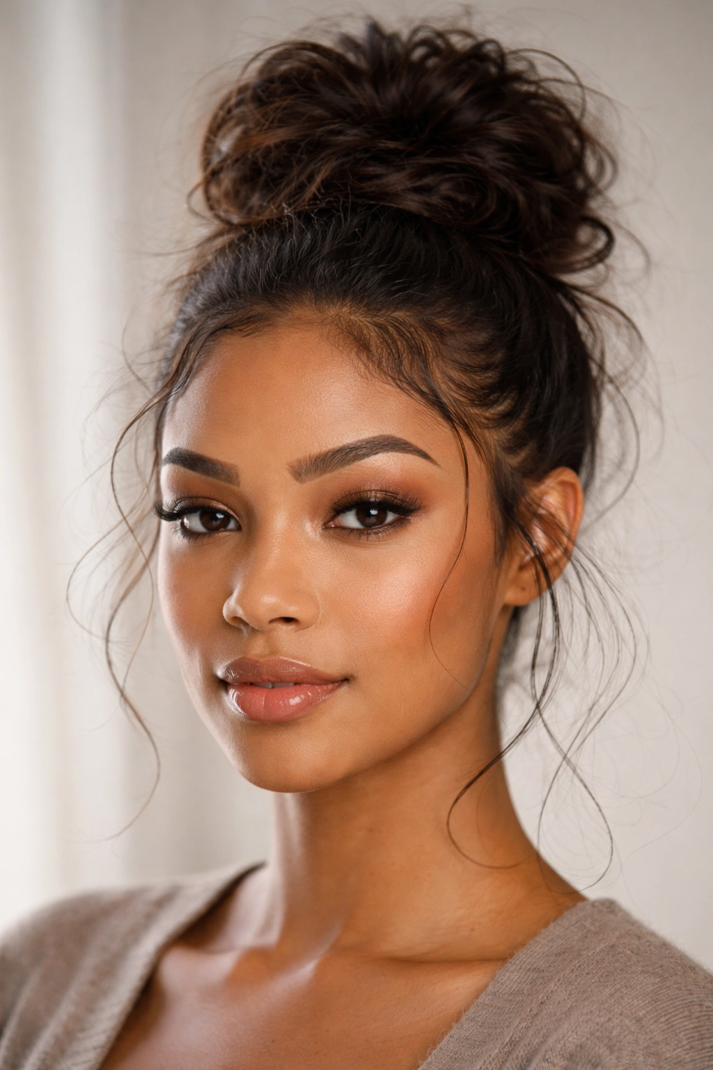 Close-up frontal shot of a textured messy bun with baby hairs wisps around the hairline