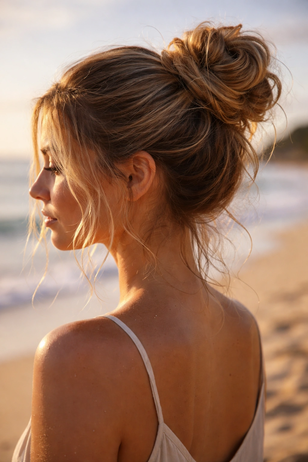Close-up of a textured beach bun with salt spray and loose strands