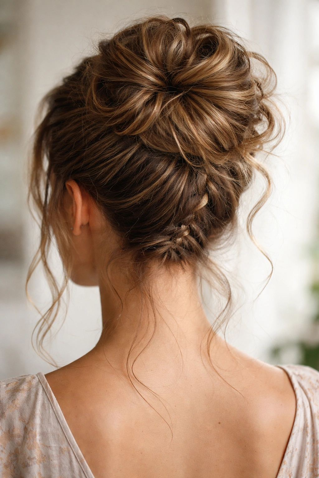 Back view of a textured bun with braided base along the hairline