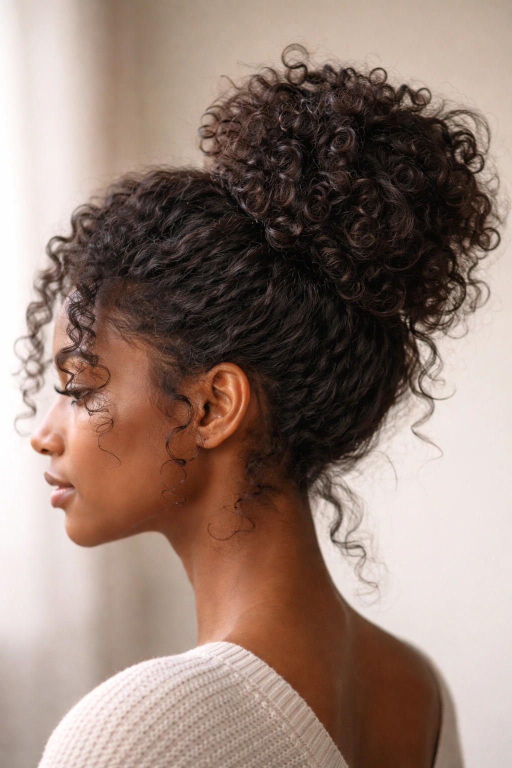Close-up of textured bun with defined coils in studio lighting.