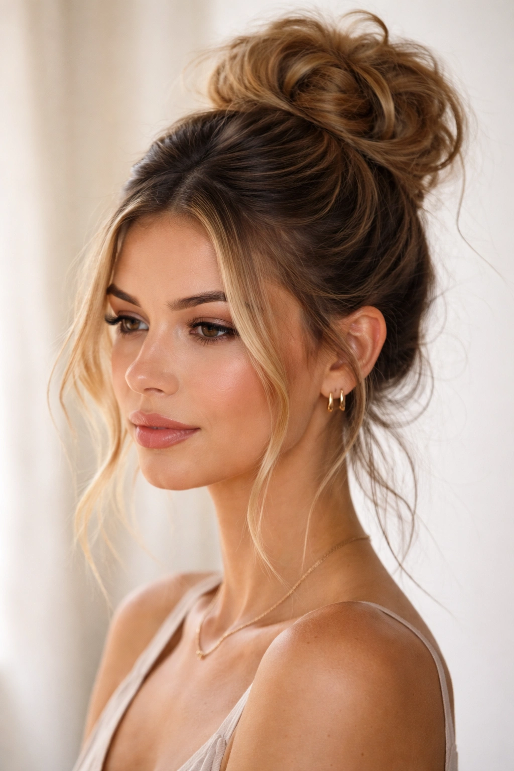 Close-up of a textured crown messy bun with a middle part and loose strands