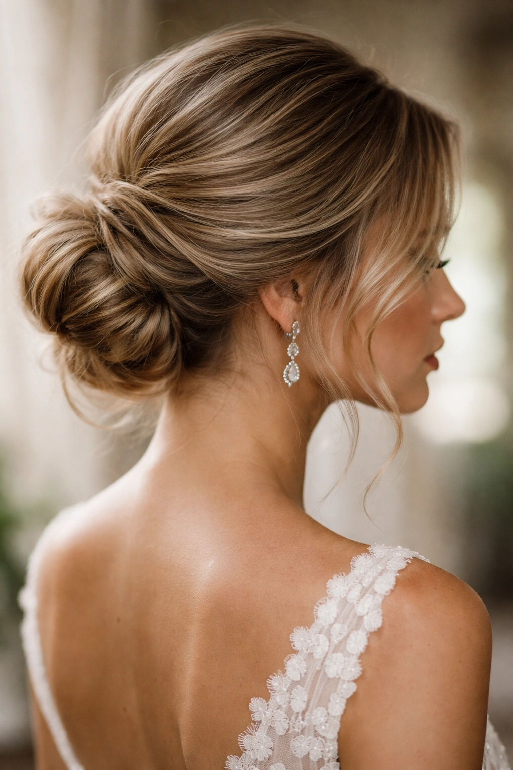 Textured low bun with crown volume and lifted crown