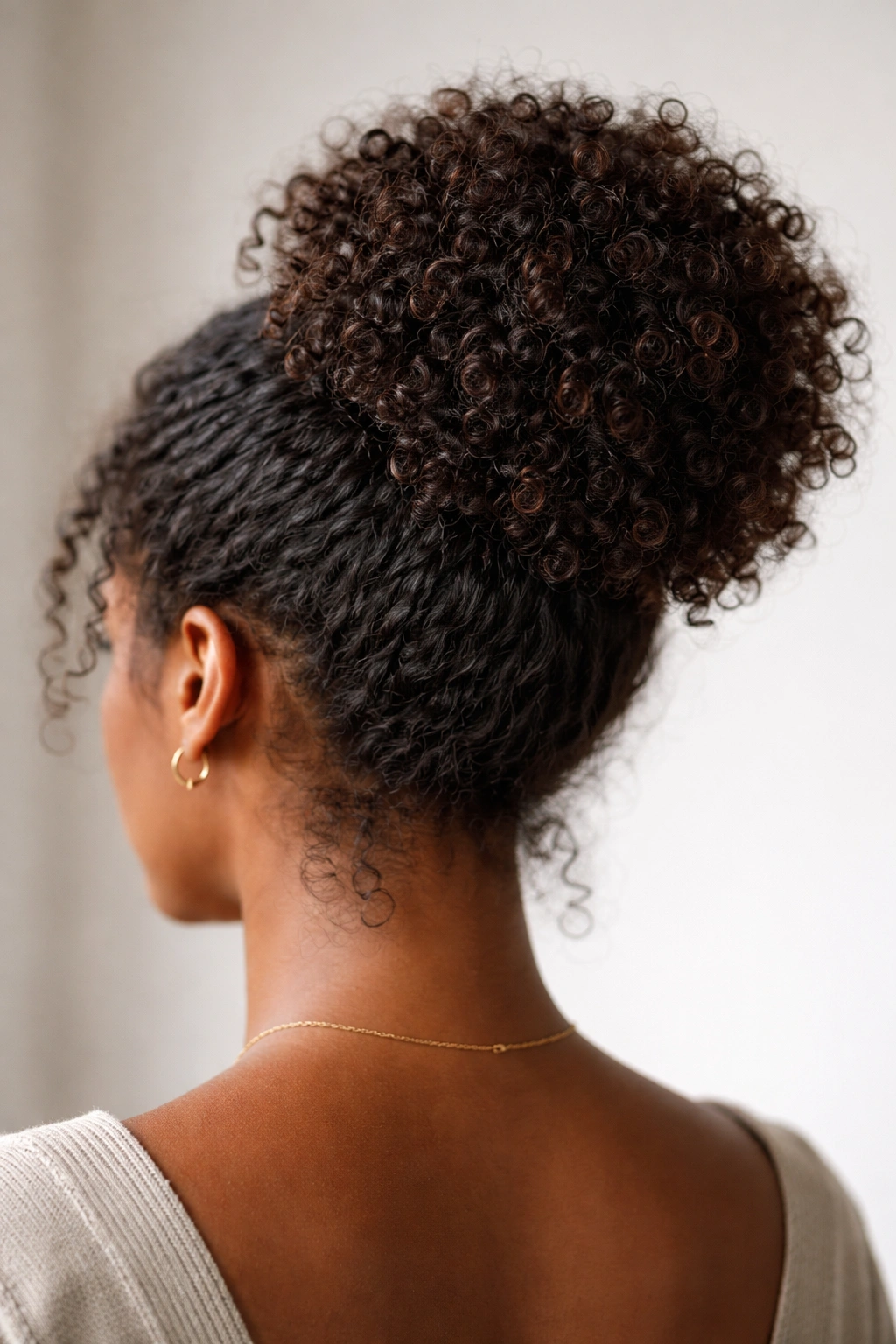 Back view of textured bun with visible curls and volume