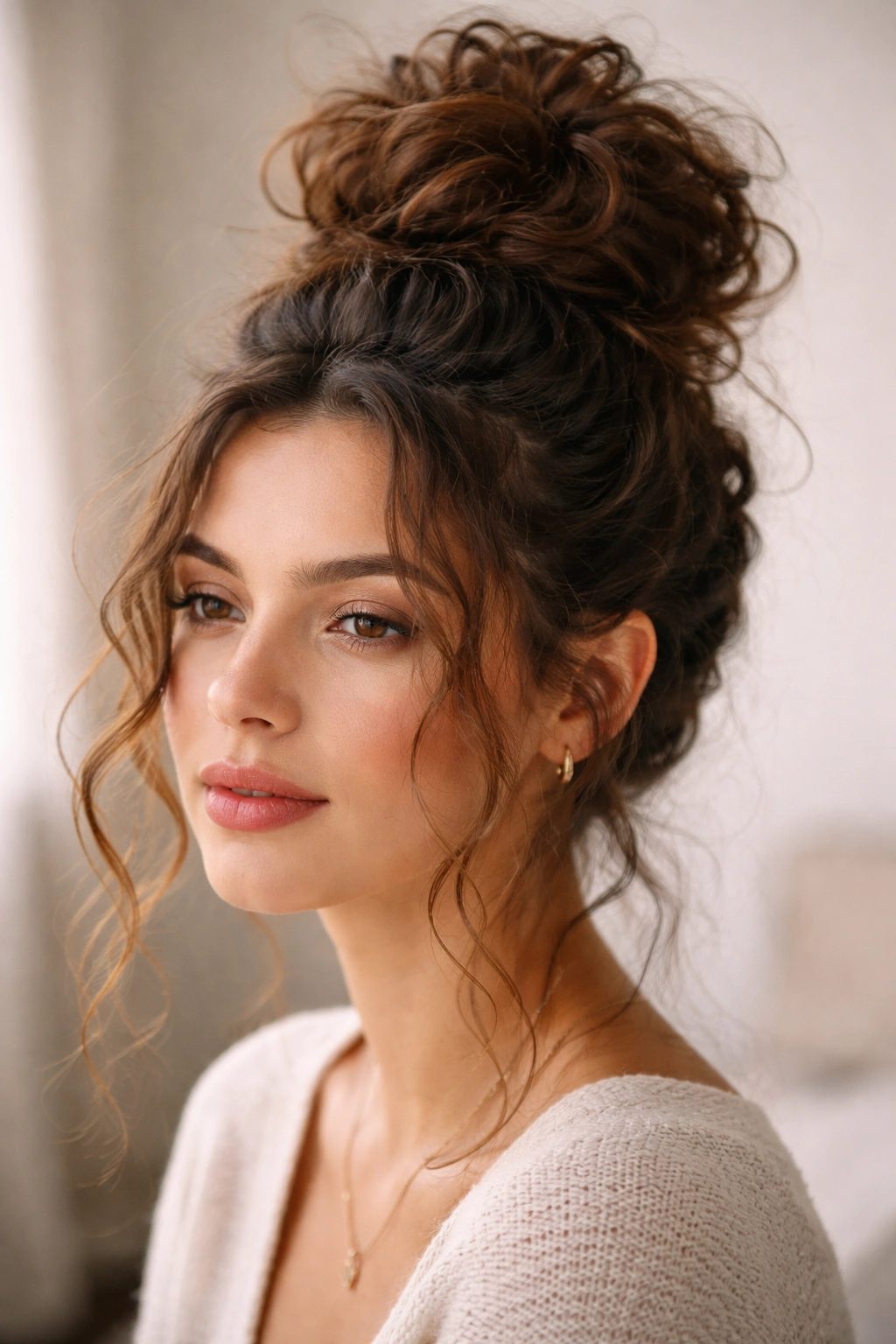 Textured curly bun with wisps