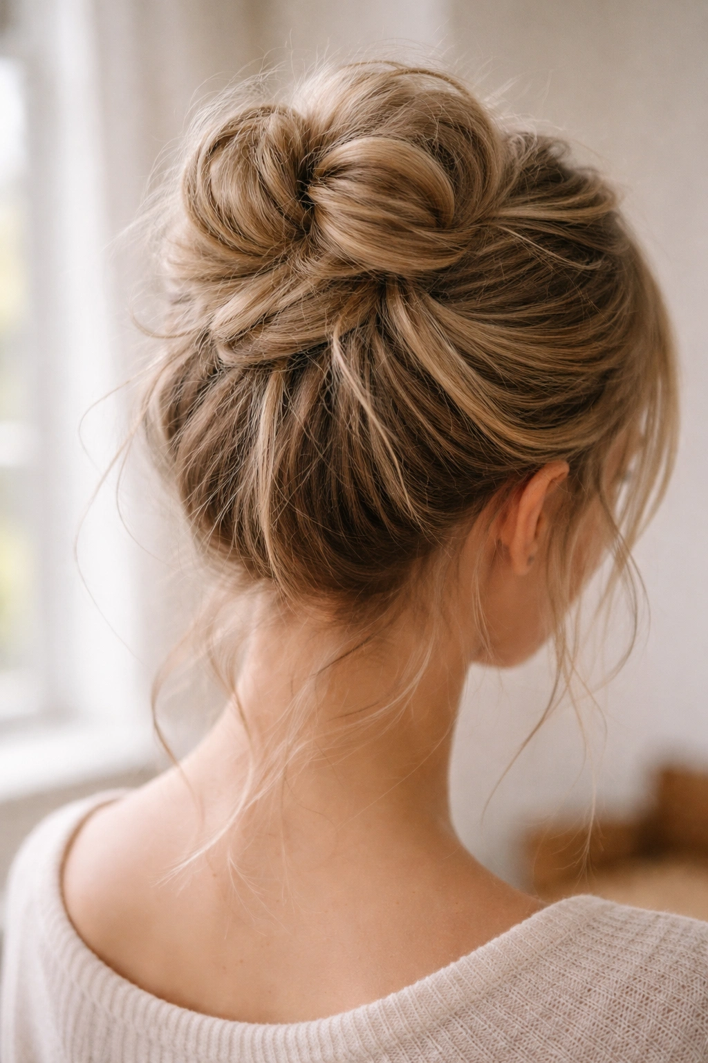 Close-up of a textured twist bun on fine hair with visible waves and grip