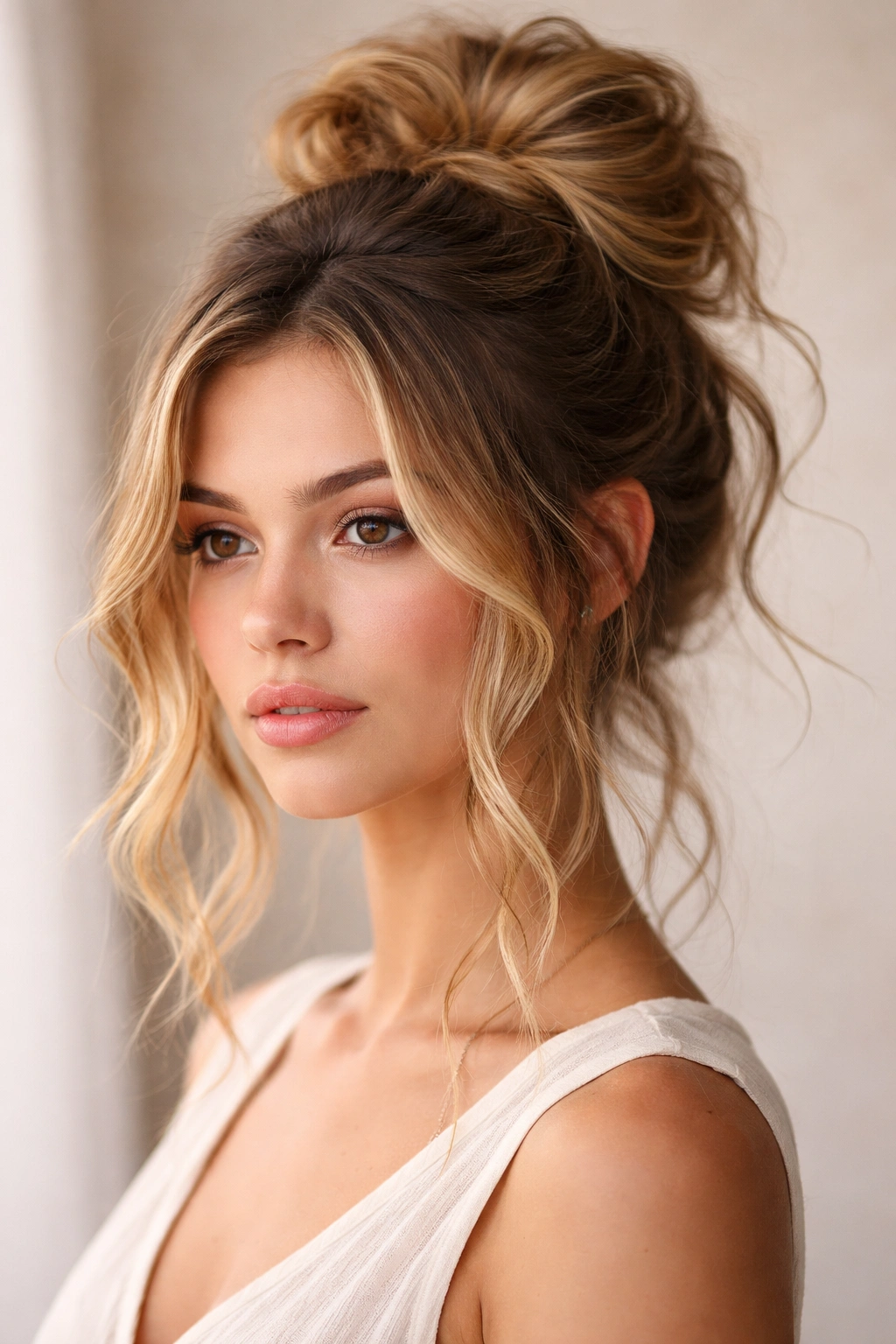 Textured bun with loose face-framing pieces