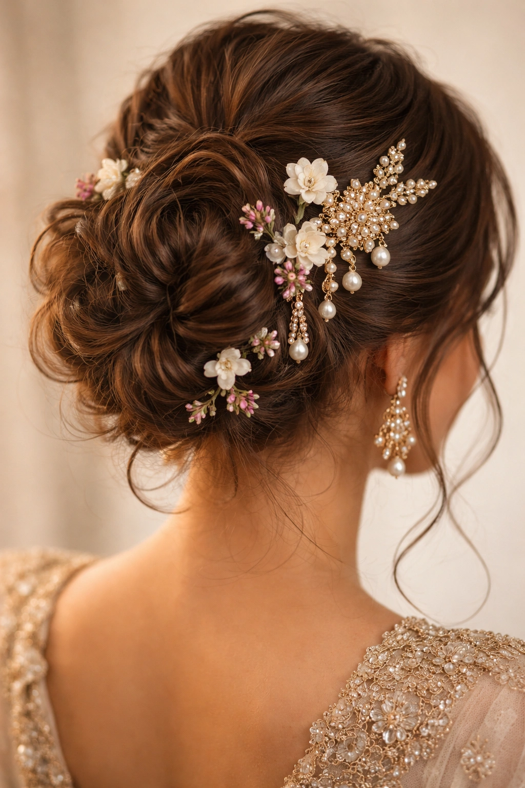 Textured bun with jeweled pins and scattered flowers for wedding style
