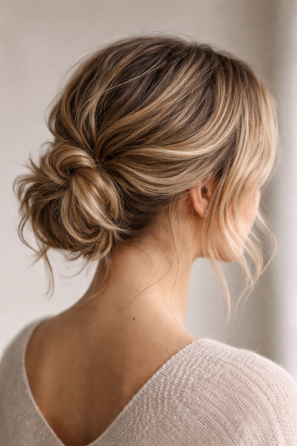 Low messy bun with textured waves and curls