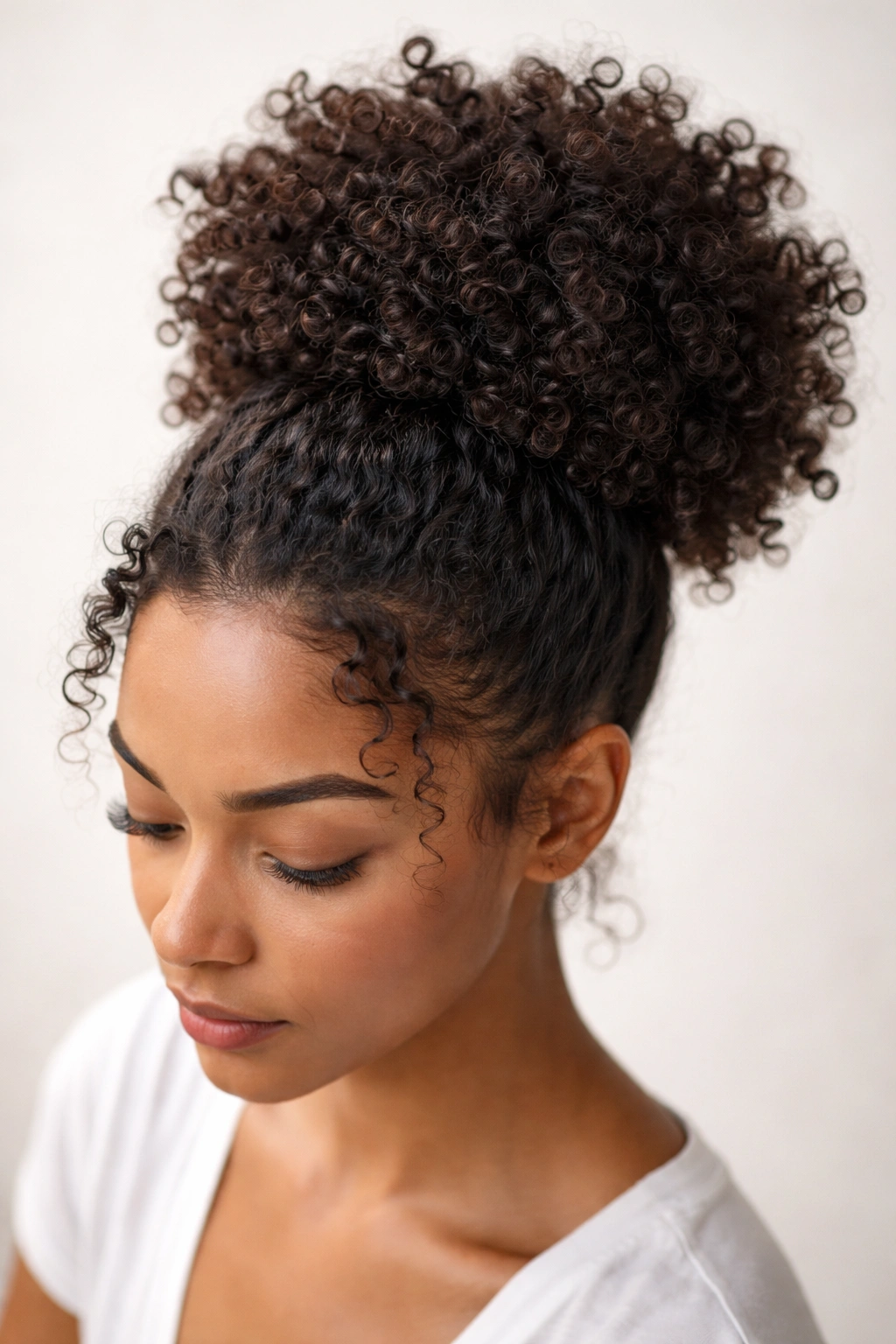 High textured bun exposing curls and volume on top of head