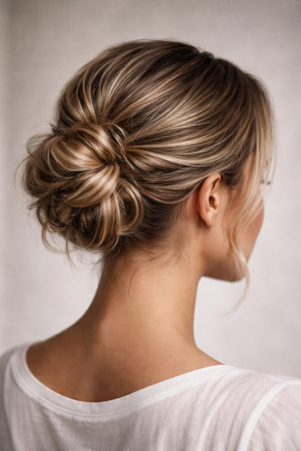 Close-up of a textured bun with layered waves in a slicked-back hairstyle