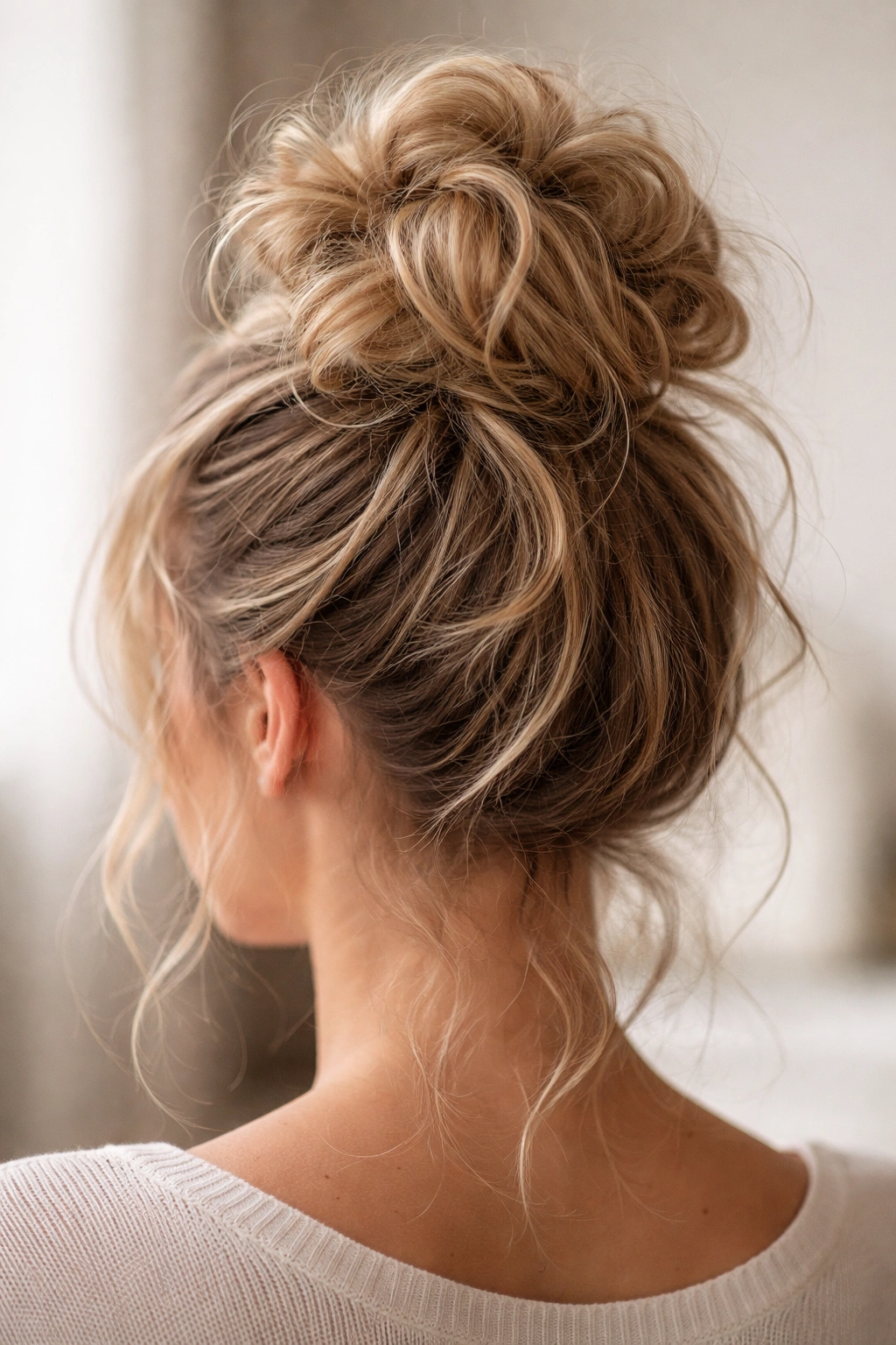 Close-up of a textured messy bun with soft waves and voluminous hair