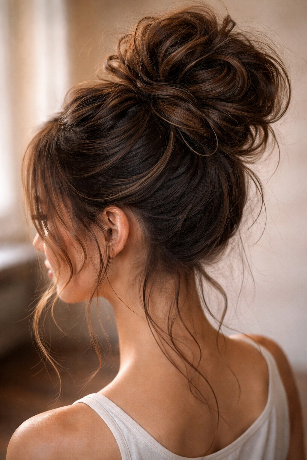 Voluminous textured high bun with wispy tendrils around hairline.
