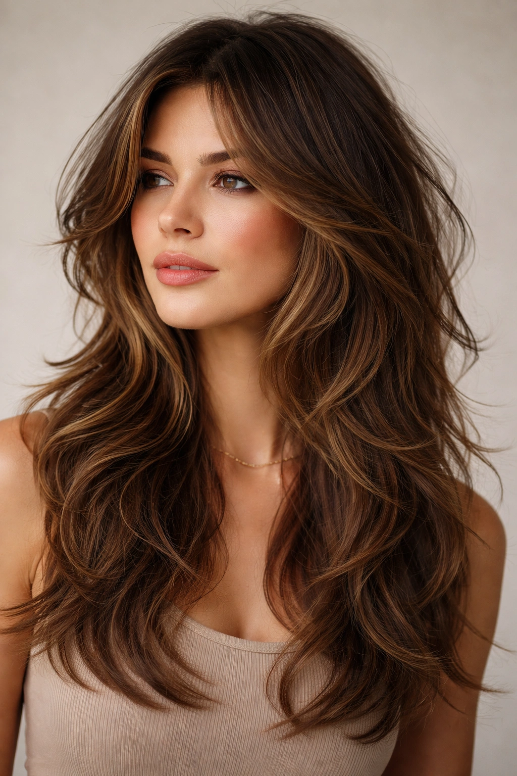 Texture-rich butterfly cut with bold choppy layers and defined texture