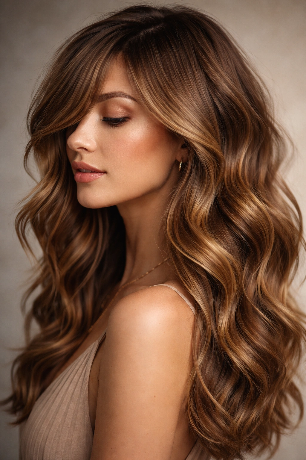 Textured caramel waves with side-swept bangs and asymmetrical framing