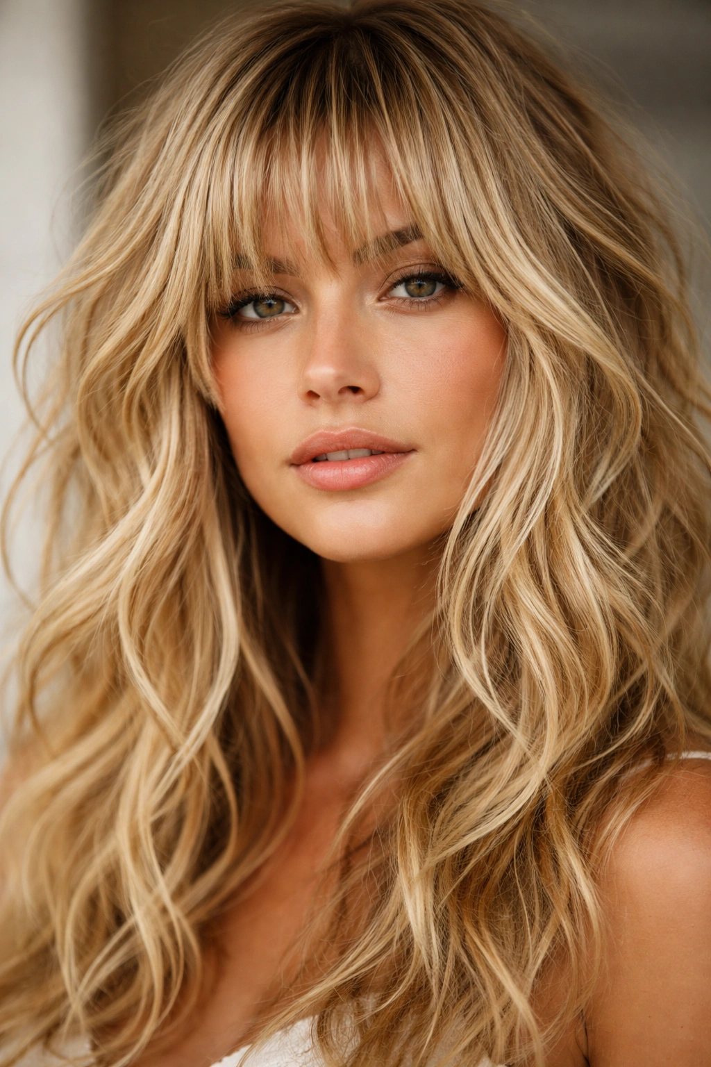 Choppy textured bangs with tousled blonde waves and light reflections