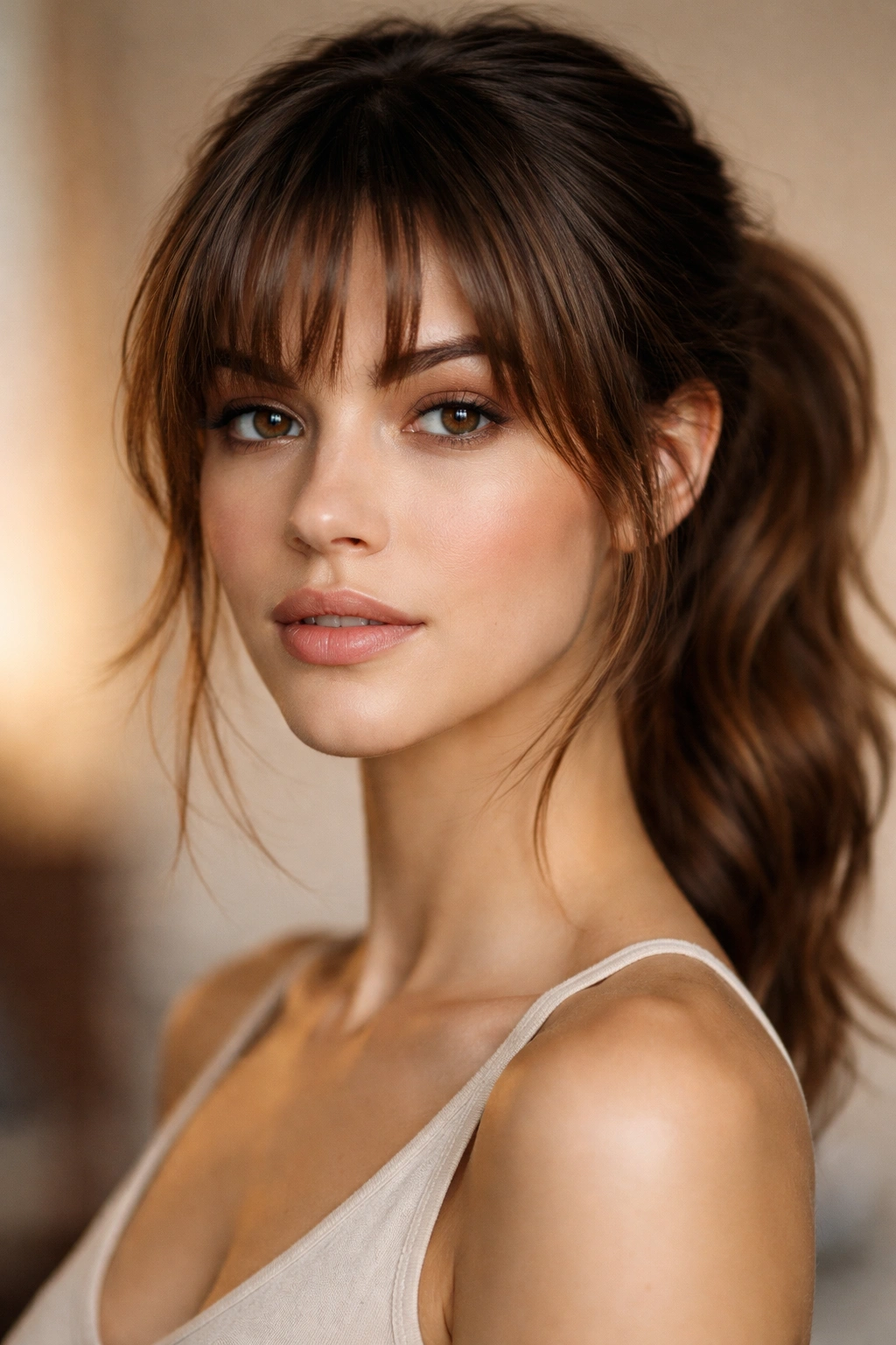 Close-up of a model with textured choppy bangs