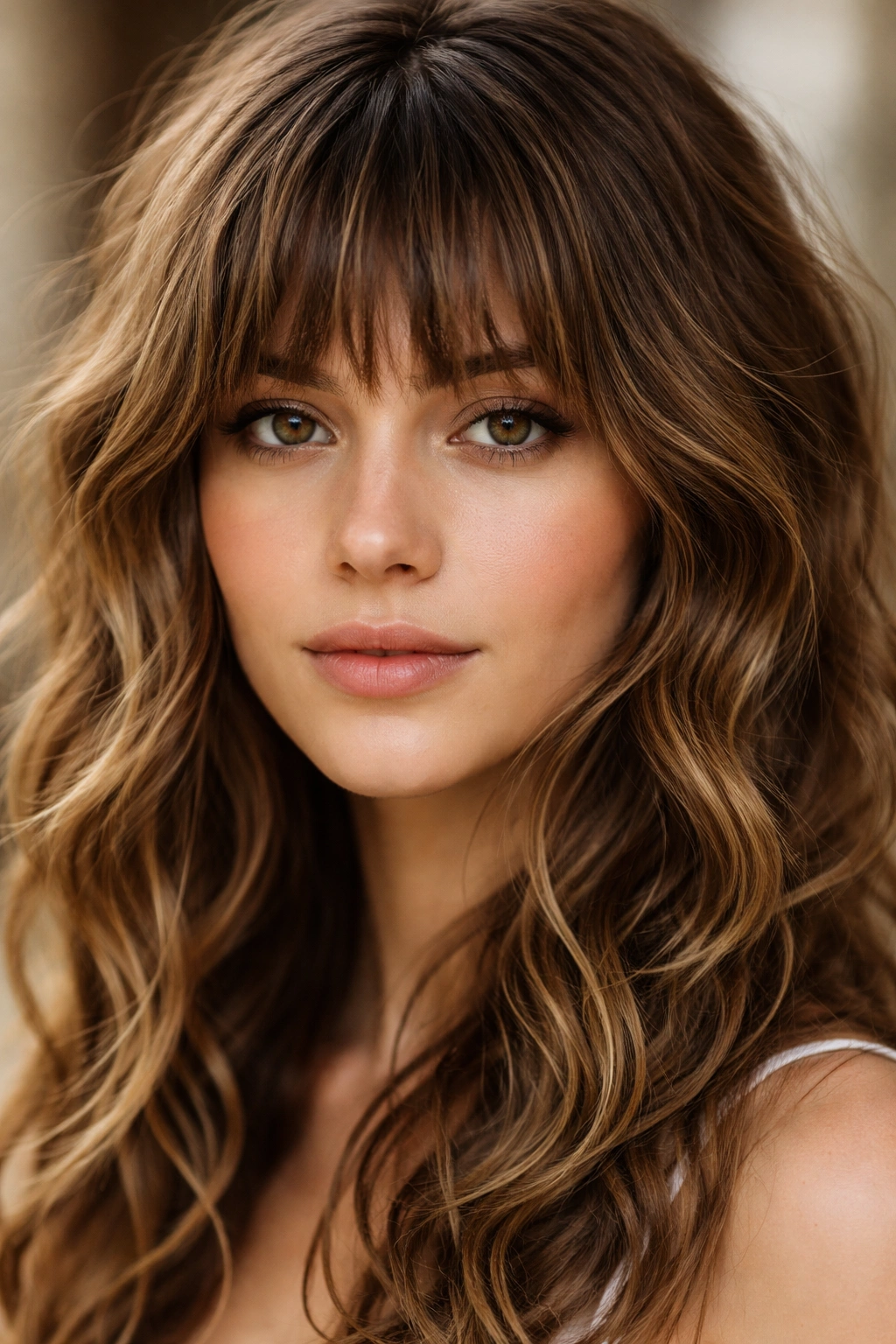 Close-up of textured choppy bangs with feathered edges on wavy hair