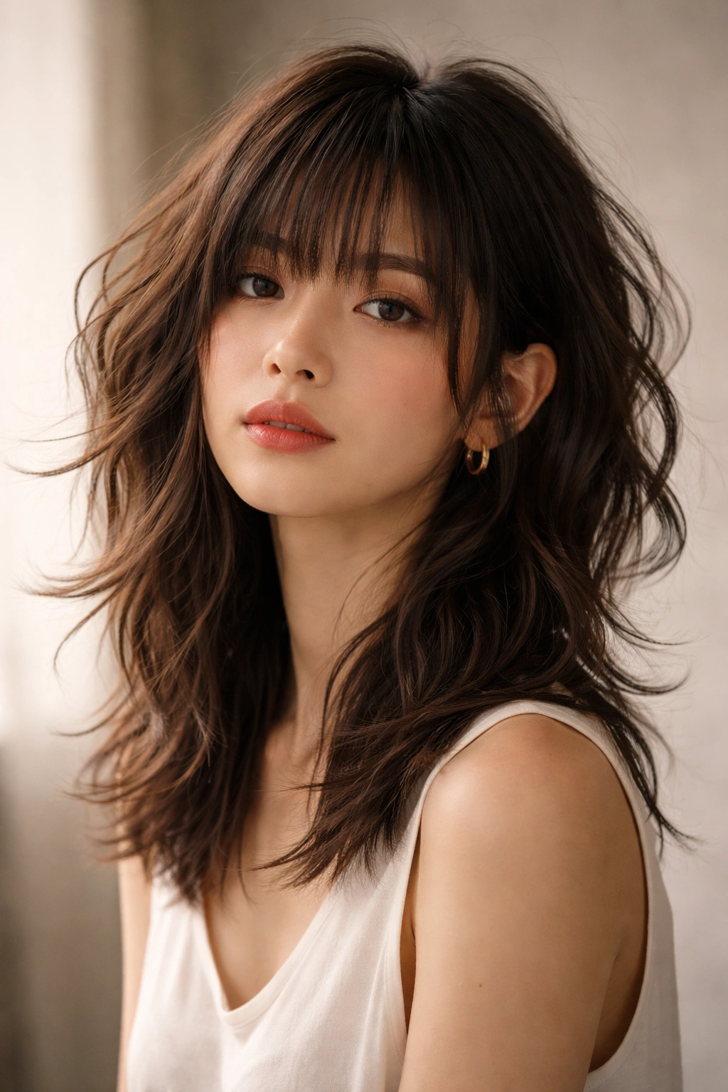 Close-up portrait of textured choppy hime hairstyle with thick sidelocks and uneven layers