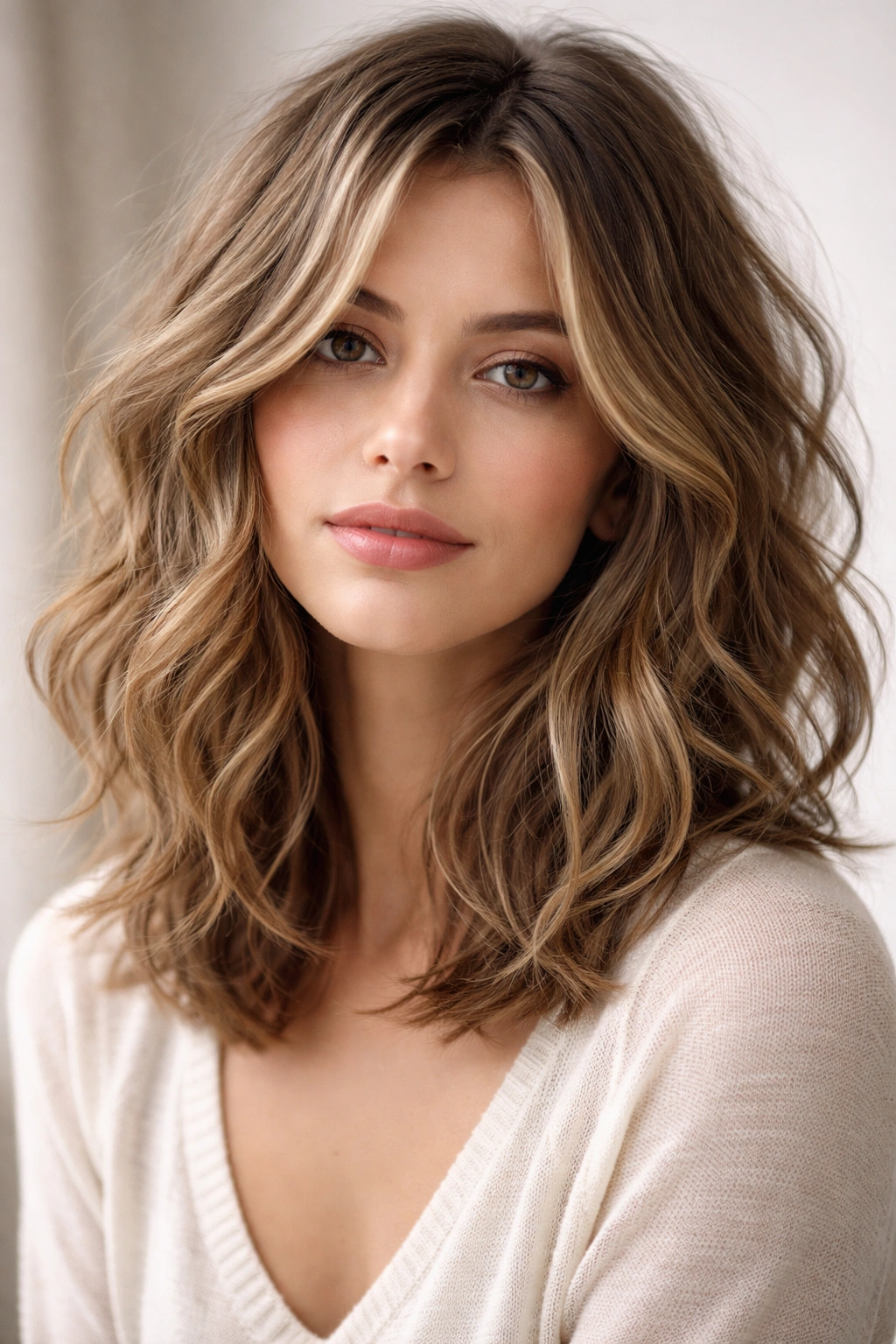 Shoulder-length textured choppy wave hairstyle with layered texture