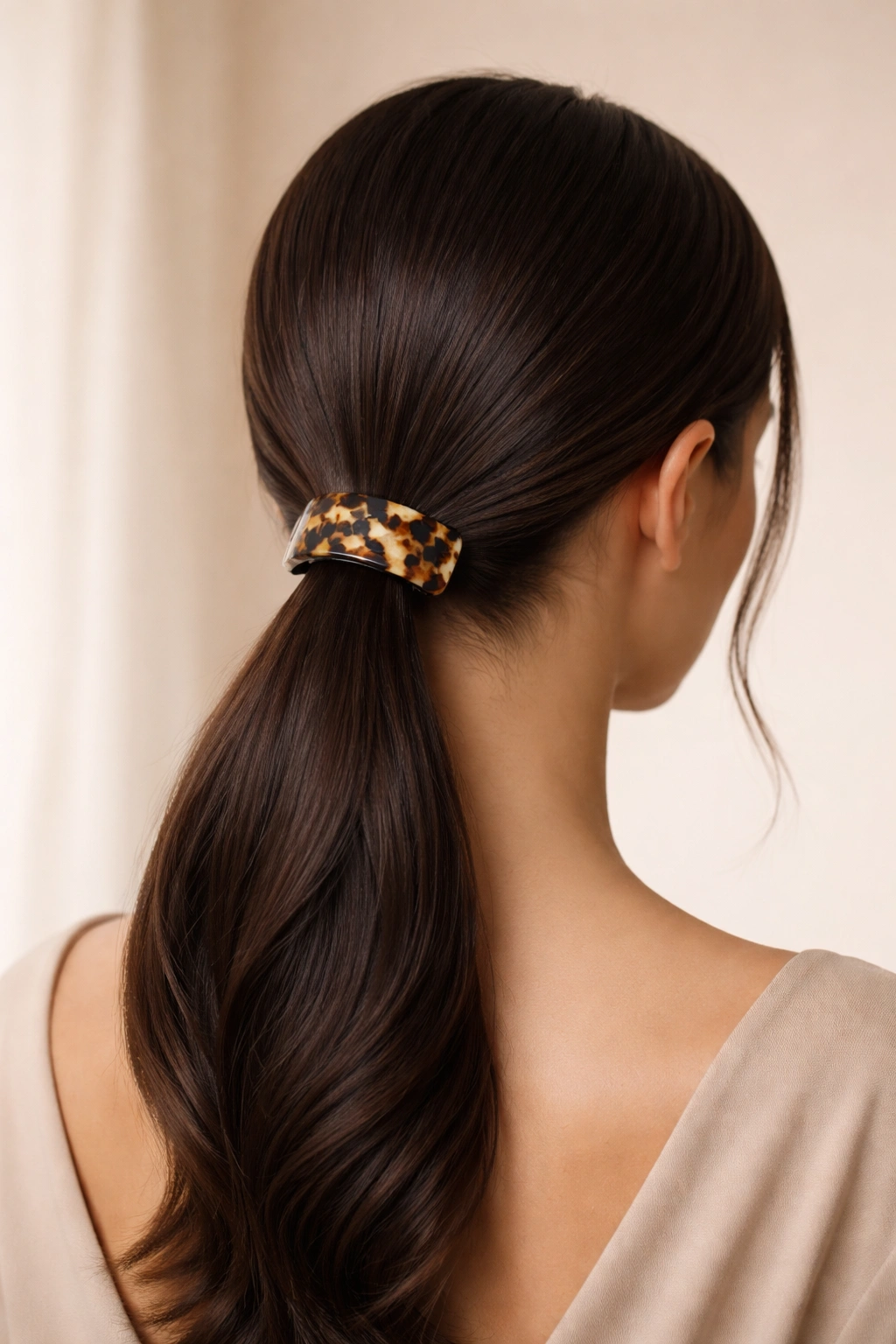 Sleek low pony at the nape with a textured clip as focal detail