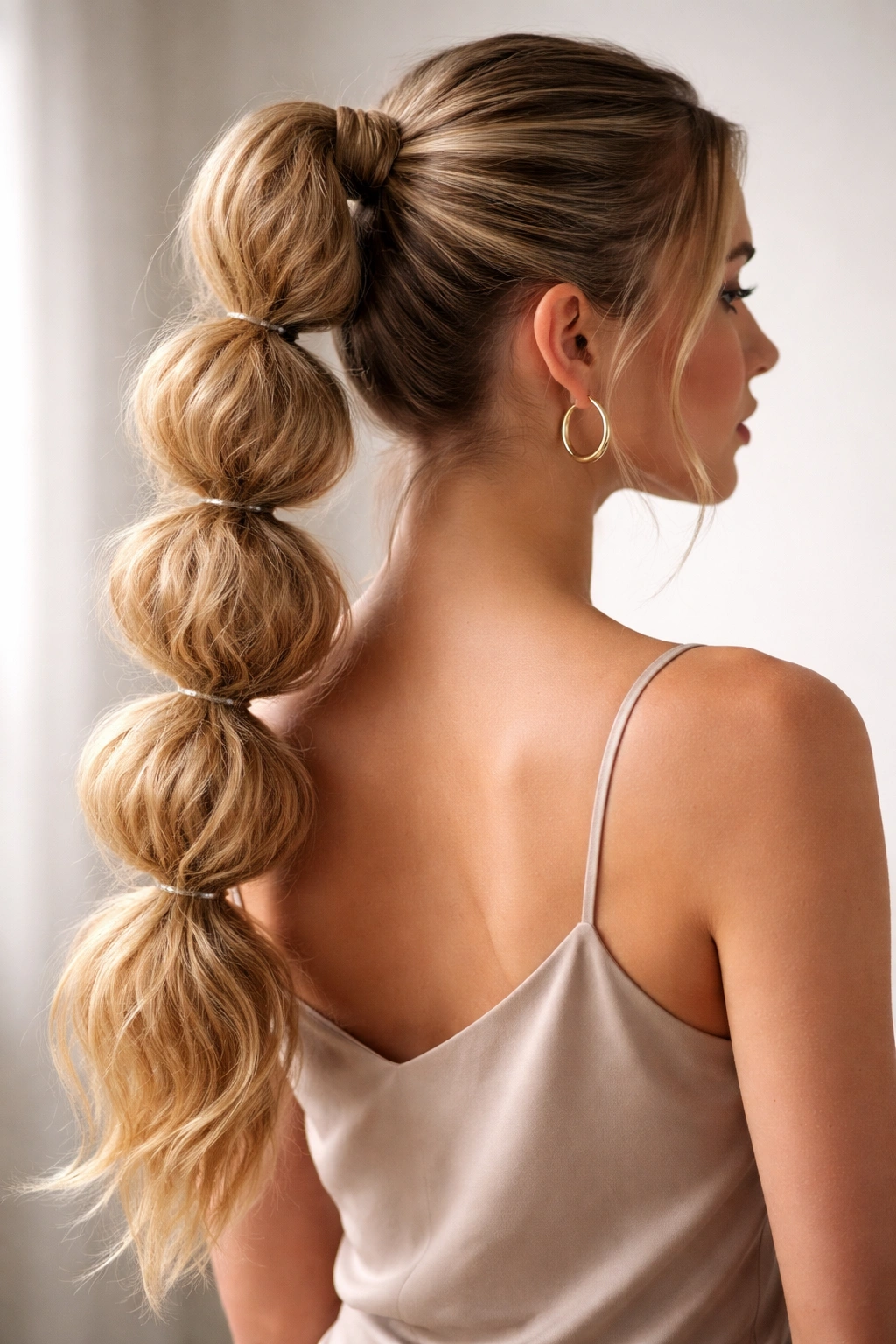 Textured crimped bubble braid ponytail with pronounced bubbles and volume