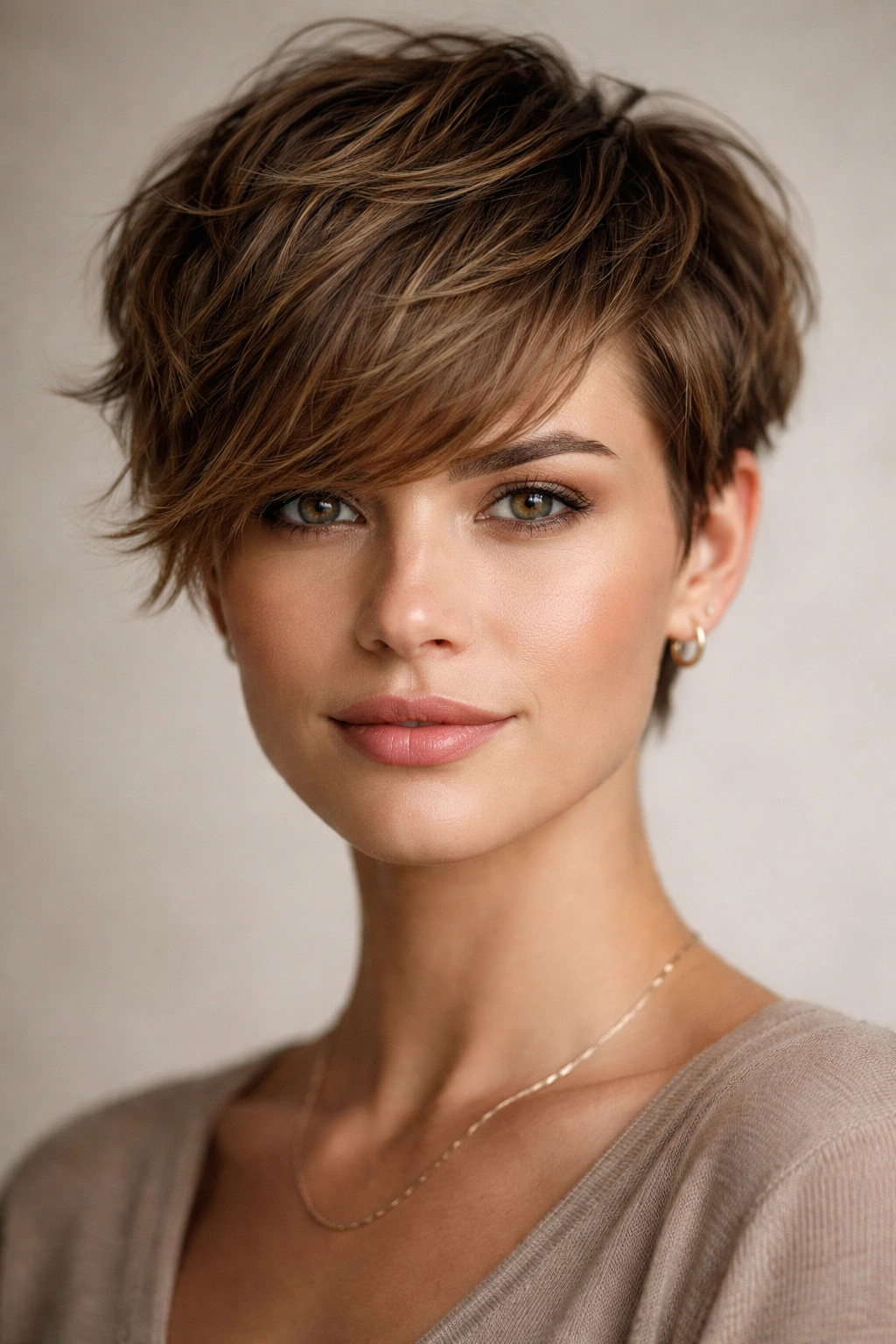 Close-up of a textured crop with longer side-swept bangs that soften a square jawline