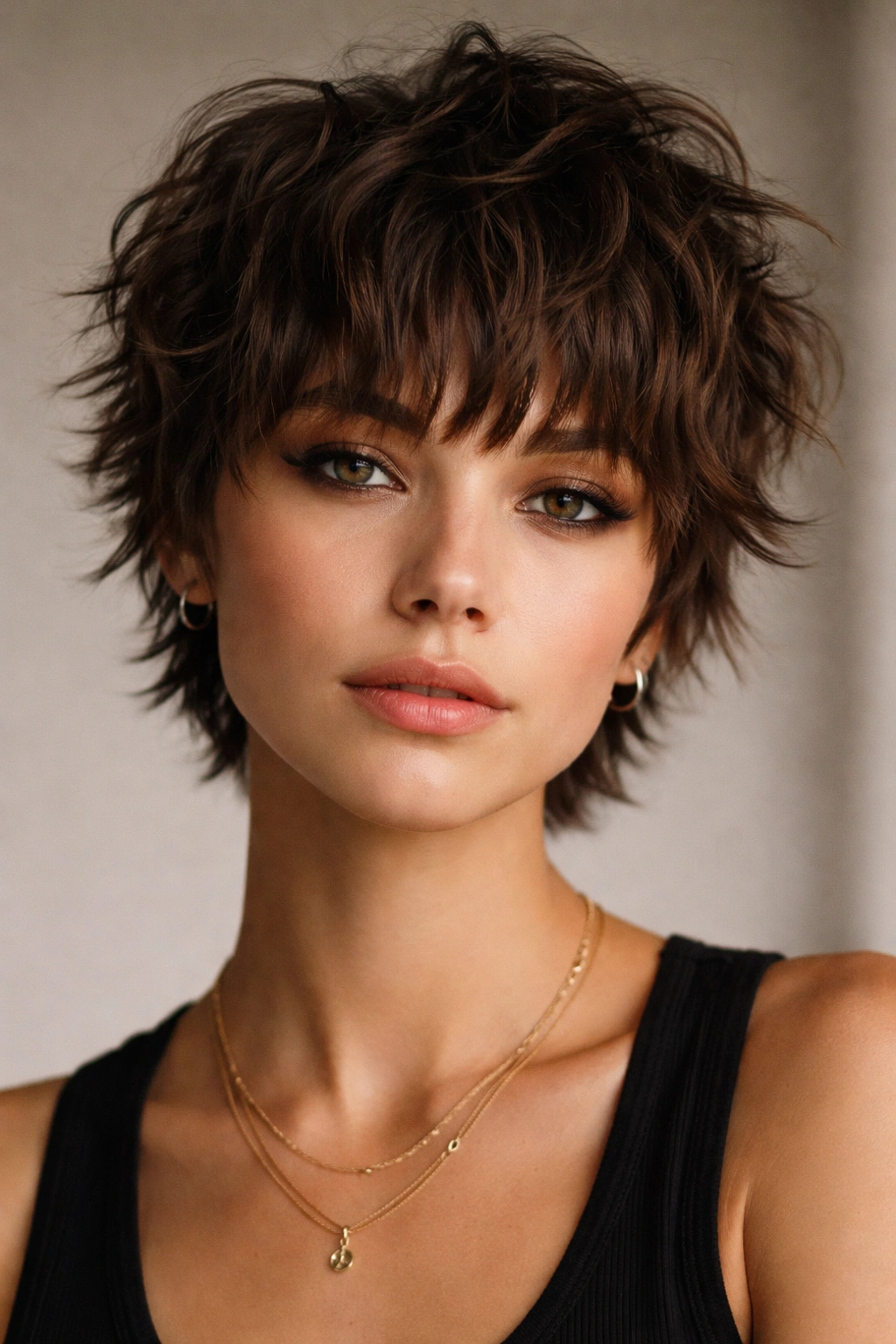 Close-up of a short textured crop with choppy bangs framing the face.