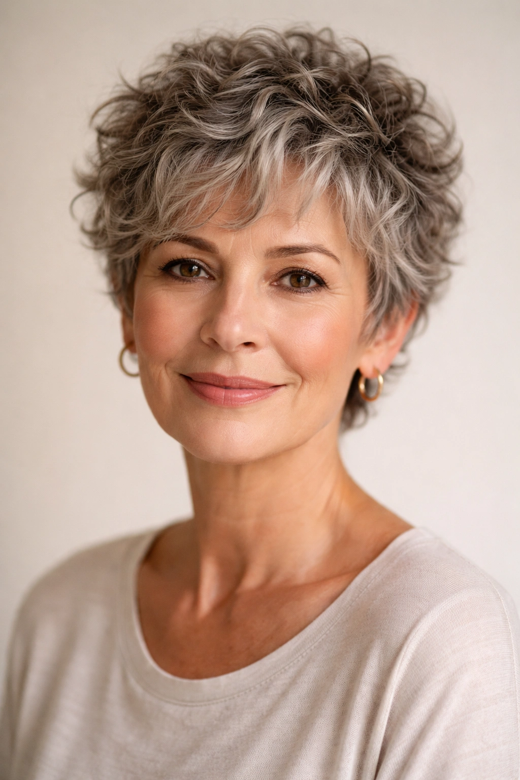 Portrait of a mature woman with a short textured crop and defined curls