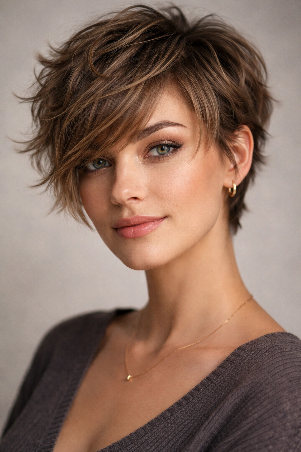 Textured crop with wispy diagonal bangs highlighting wave movement