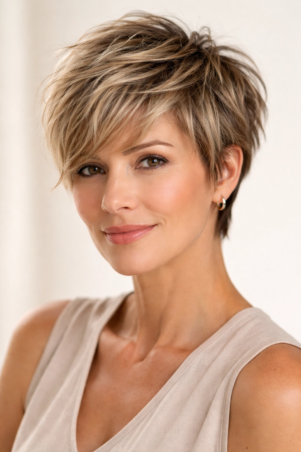 Short textured crop with longer crown layers; front view.