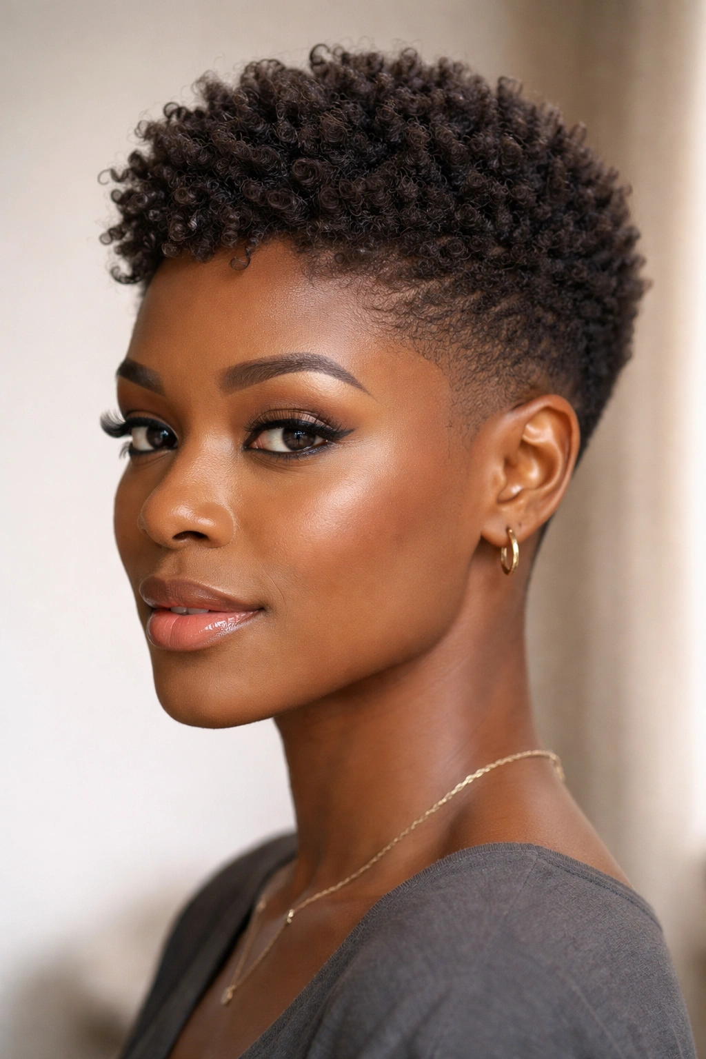Close-up of a Black woman with textured crop and micro fade.