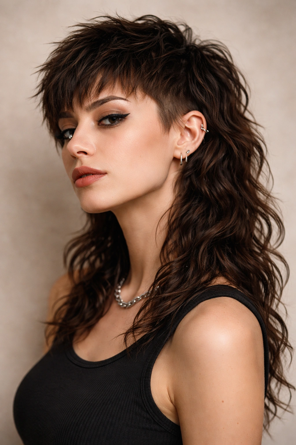 Portrait of textured cropped mullet with wavy back layers and front-short styling