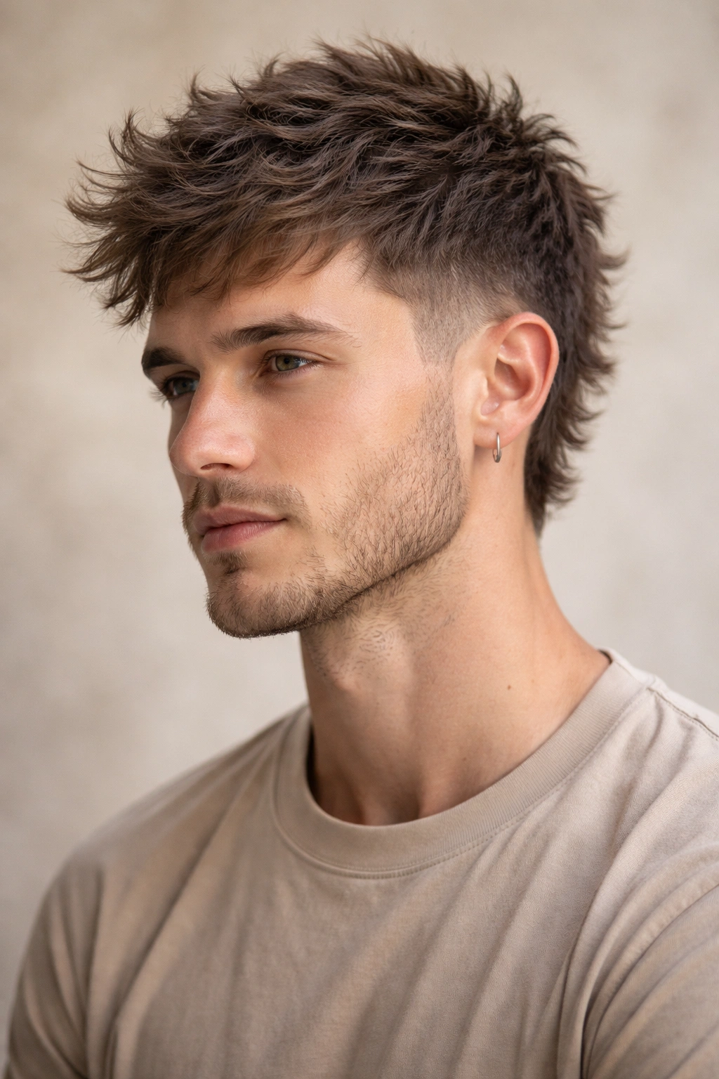 Short textured crop with longer, wavy sides around the face