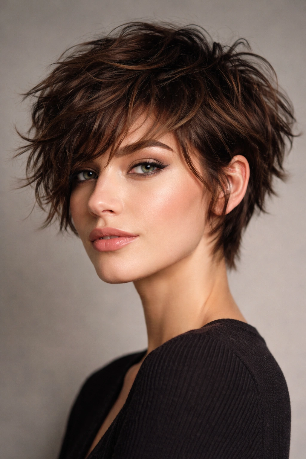 Close-up of a short textured crop with wavy piece-y texture in warm brown