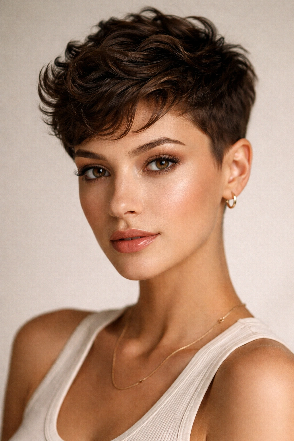 Portrait of a model with a textured cropped waves hairstyle in a bold short cut
