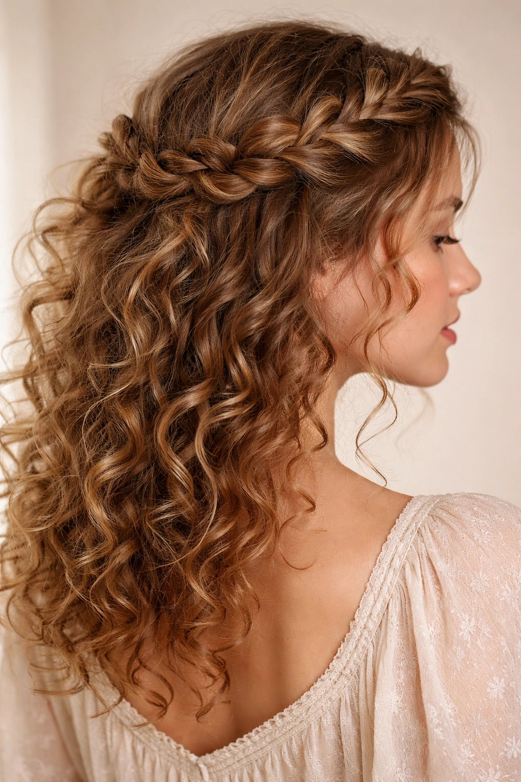 Portrait of a person wearing a textured crown braid with curls escaping