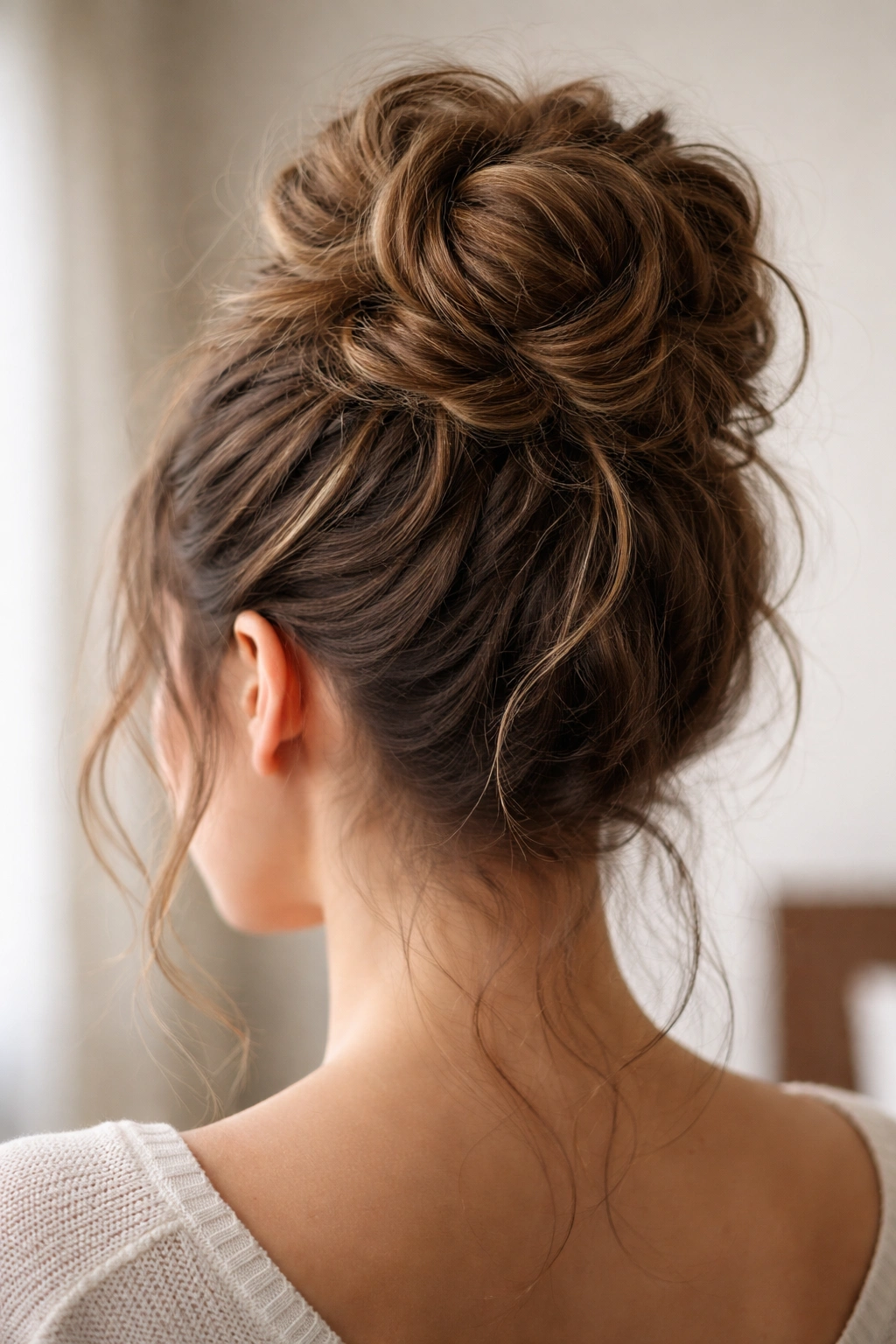 Close-up of a high crown bun with textured twists on wavy hair